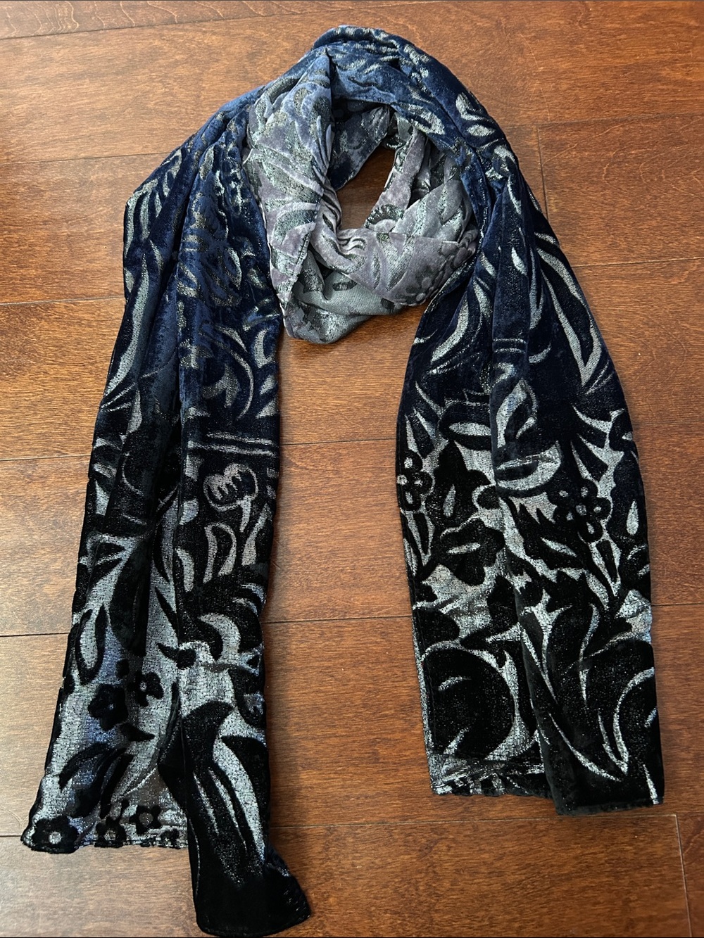 Witchy Velvet Burnout Ombre Blue Floral Scarf, Long Rectangle